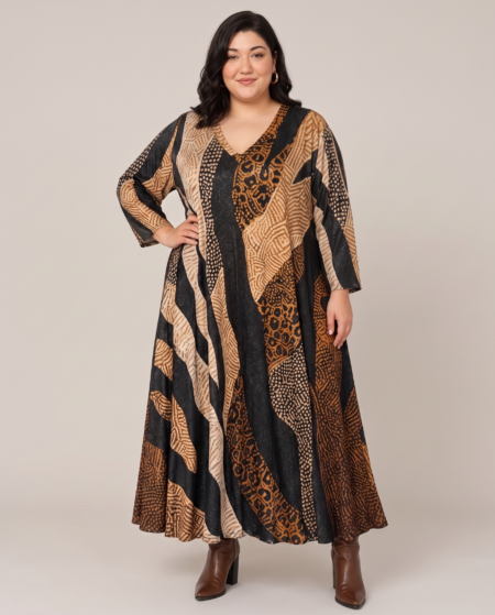 Robe longue grande taille imprimée lurex noir, beige et camel, col V et manches longues, portée par une mannequin ronde
