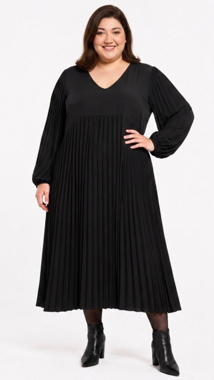 Robe plissée midi manches longues grande taille, coloris Noir