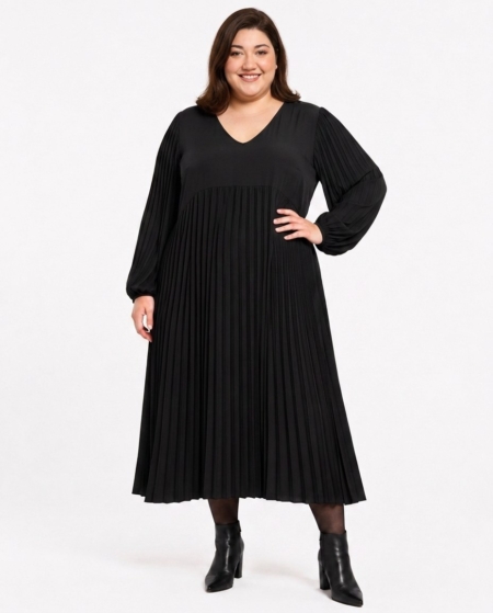Robe plissée midi manches longues grande taille, coloris Noir