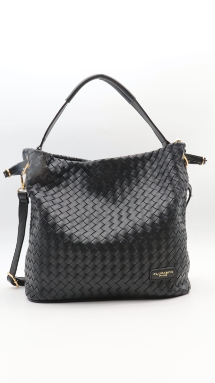 Sac tressé noir en simili avec anse épaule, bandoulière amovible et finitions dorées