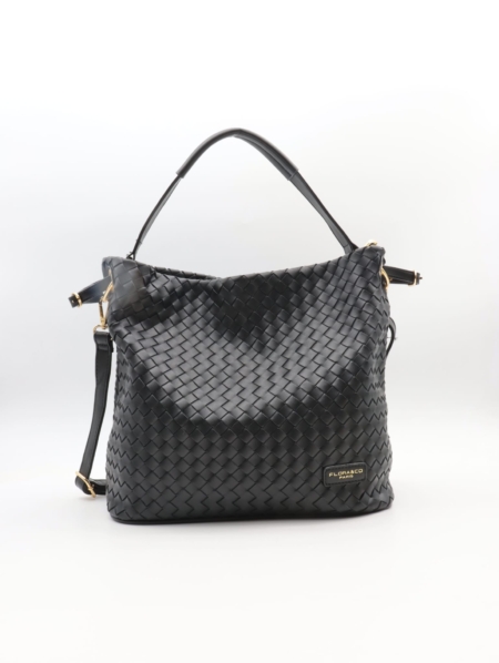 Sac tressé noir en simili avec anse épaule, bandoulière amovible et finitions dorées