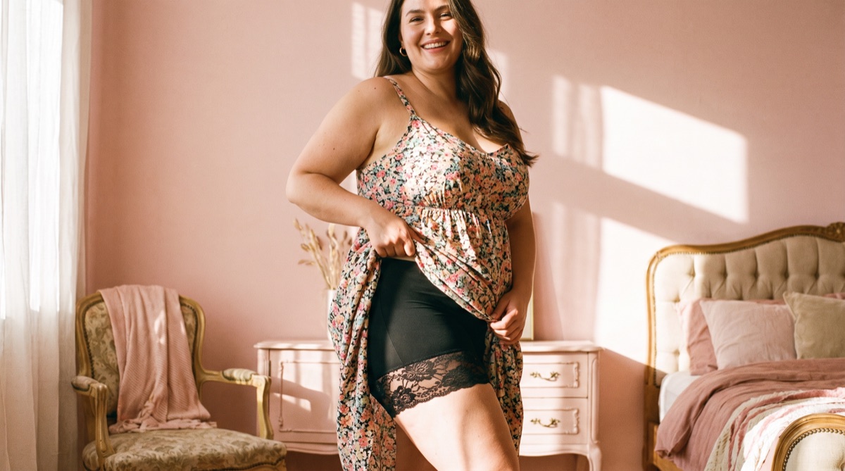 Femme ronde souriante soulevant sa robe fleurie et révélant un shorty anti-frottement noir à bande de dentelle – Fashion Curvy Shop