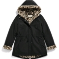 Parka noire à capuche doublée de fausse fourrure léopard, vue à plat de face