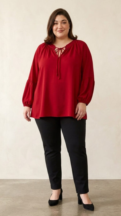 Tunique grande taille rouge à manches bouffantes portée par un mannequin ronde
