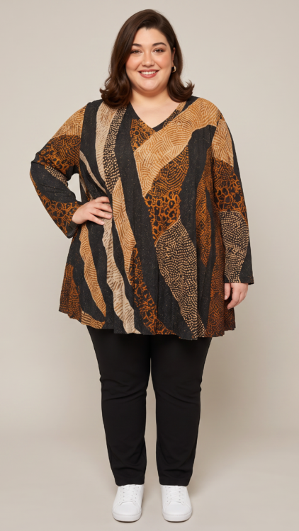 Tunique plissée imprimée lurex grande taille, col V et manches longues, portée par une mannequin ronde