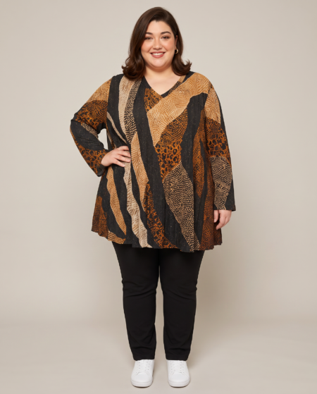 Tunique plissée imprimée lurex grande taille, col V et manches longues, portée par une mannequin ronde