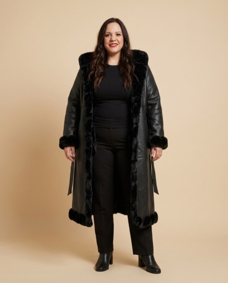 Manteau long grande taille en simili cuir noir doublé fausse fourrure, porté par une femme taille 52