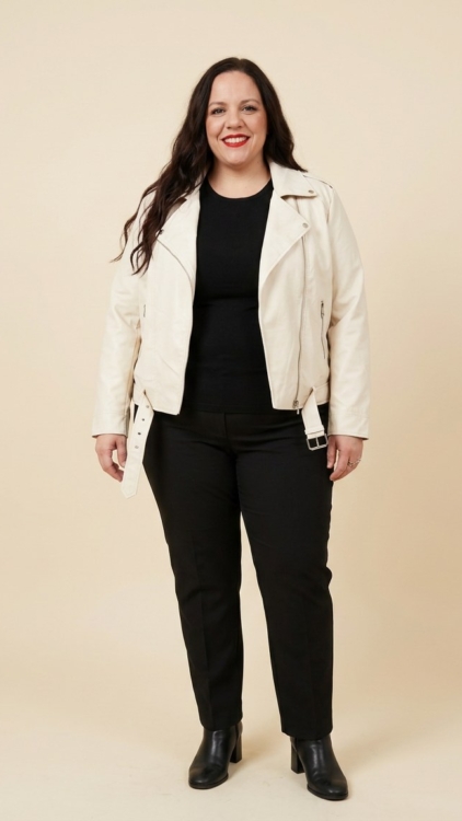 Perfecto en simili cuir blanc cassé grande taille porté ouvert par une femme taille 54