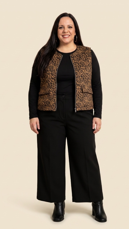 Veste duveteuse sans manches imprimé léopard grande taille, portée avec un haut noir - Fashion Curvy Shop