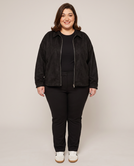 Veste suédine esprit bomber grande taille, col chemise et zip