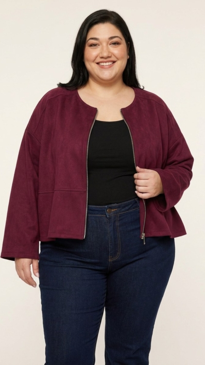 Veste suédine grande taille bordeaux à col rond et zip argenté portée par une femme ronde
