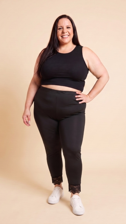 Legging noir avec dentelle grande taille porté par Diane, mannequin taille 54 — Fashion Curvy Shop