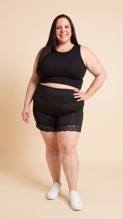 Short noir avec dentelle grande taille porté par Diane, mannequin taille 54 — Fashion Curvy Shop
