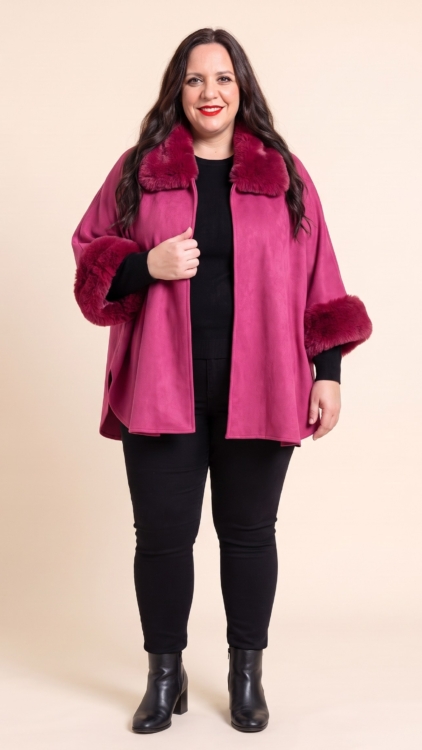Poncho grande taille en suédine à col et poignets en fausse fourrure, fuchsia et noir