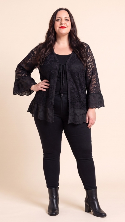 Gilet grande taille en dentelle à volants de broderie anglaise, noir et rouge