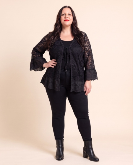 Gilet grande taille en dentelle à volants de broderie anglaise, noir et rouge